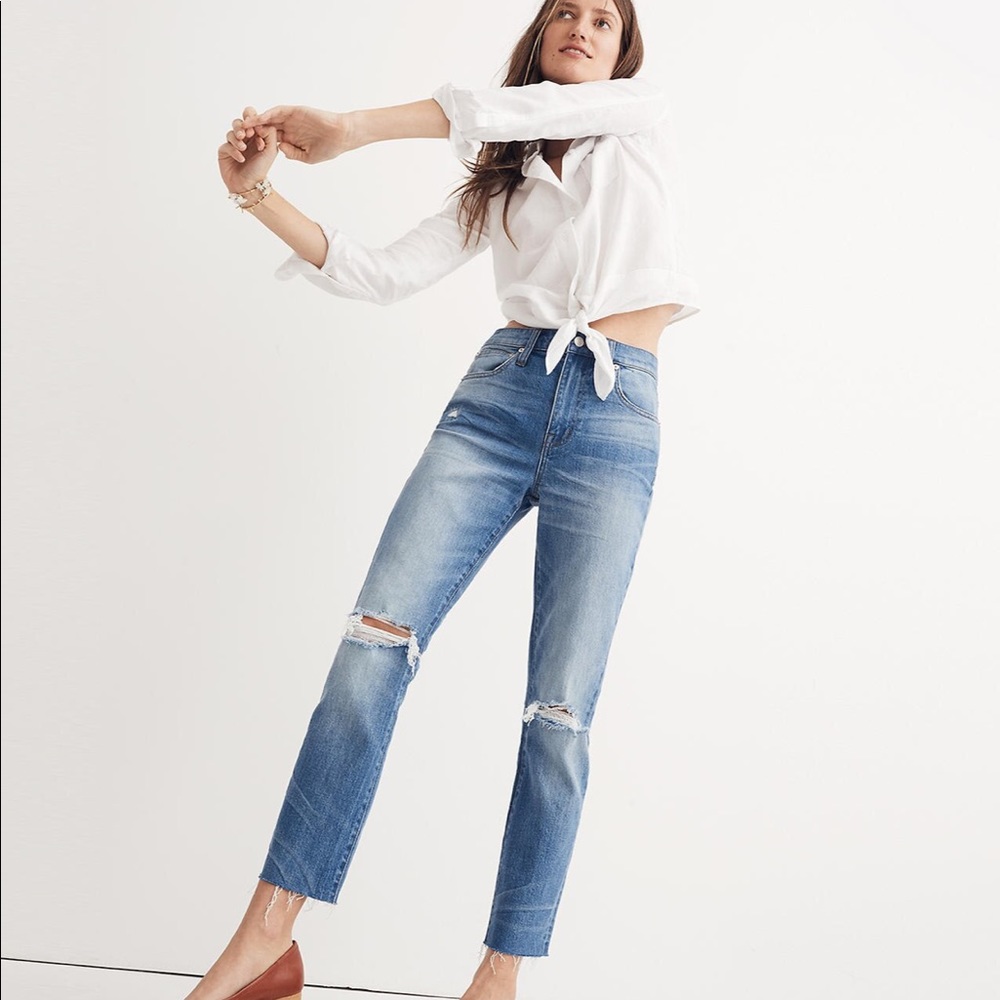 😍Madewell high rise slim crop boyjean knee rip
